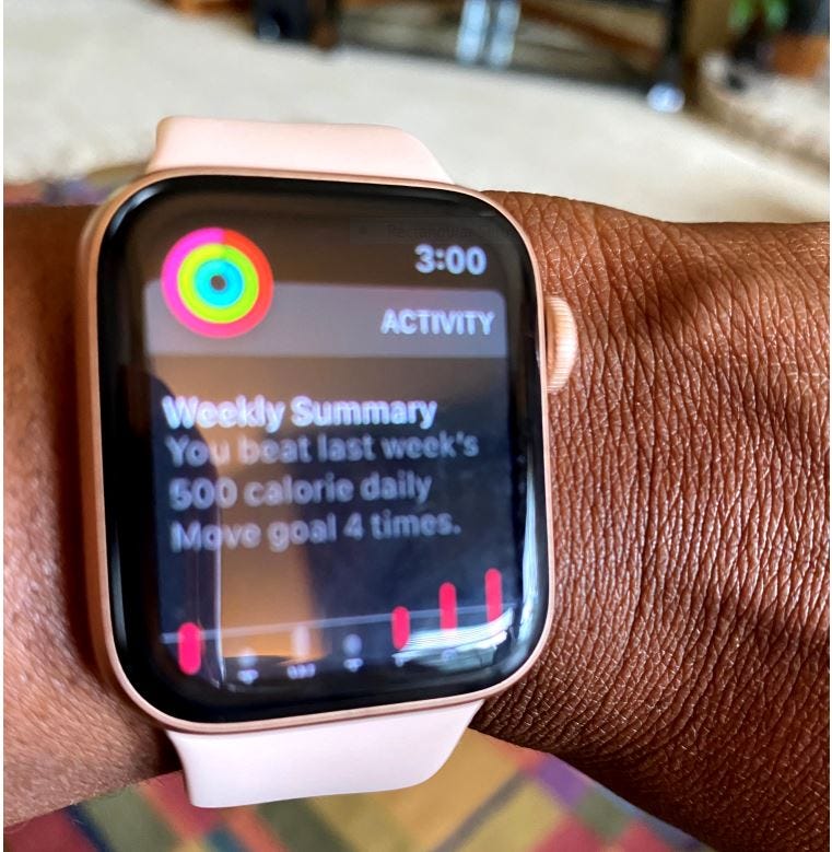 Weekly summary of health metrics on an Apple Watch