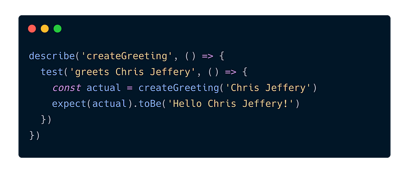 Example of a test case in JavaScript using Jest