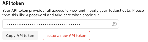 Screenshot of Todoist API token settings