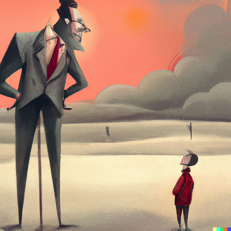 Surreal digital art of a giant teaching a small man