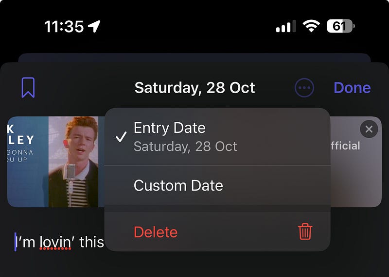 Custom date selection in the Journal app