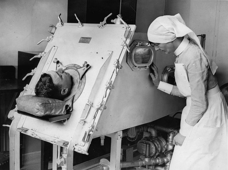 A historical iron lung used in respiratory care